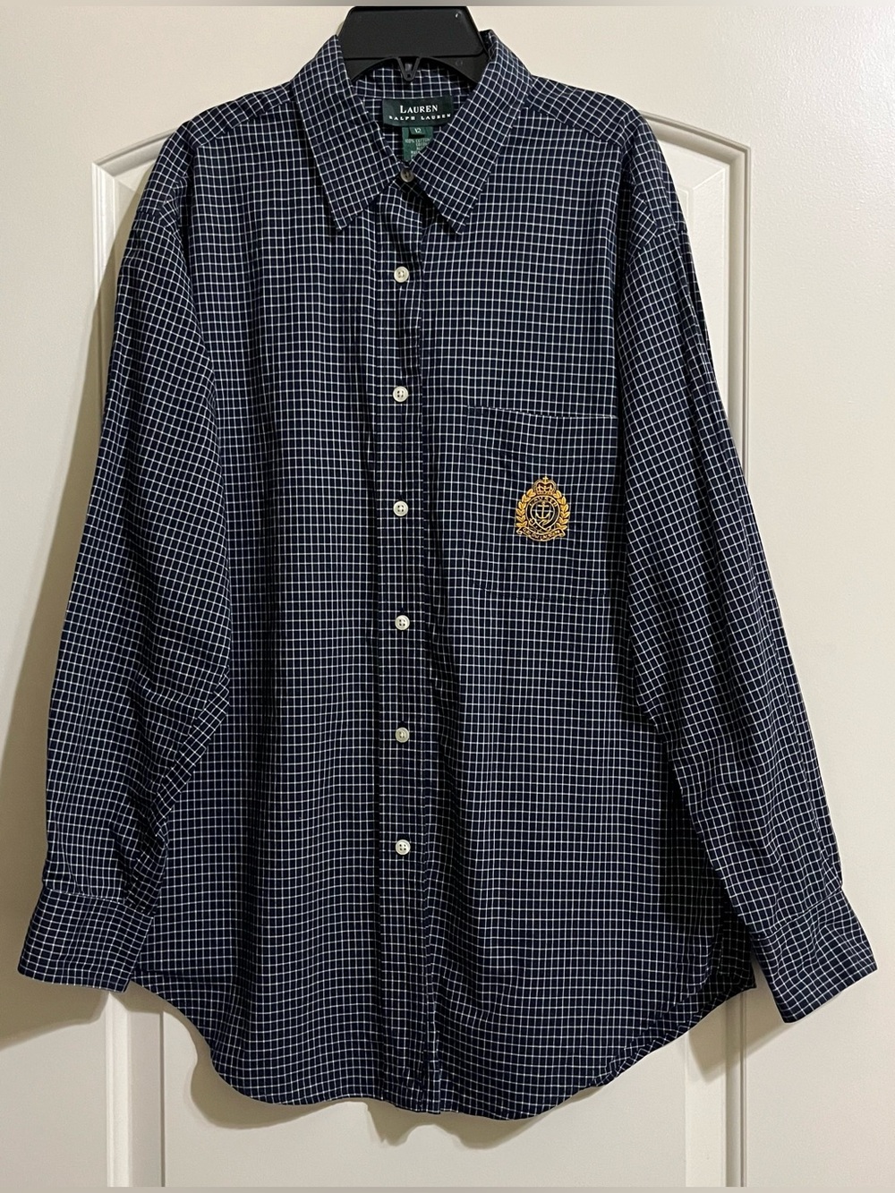 Lauren Ralph Lauren Women’s Crest Logo Navy Blue White Button Up Shirt Top 12